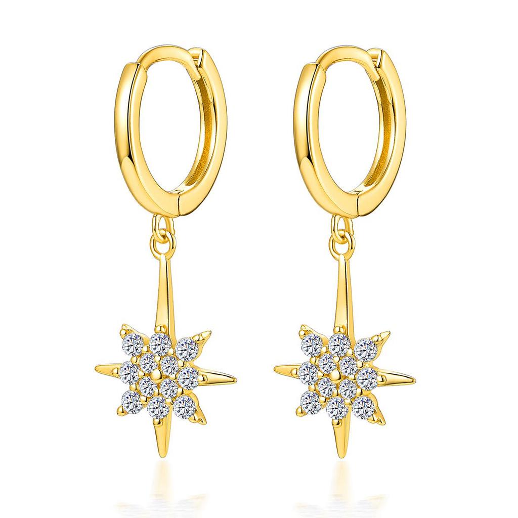 S925 Sterling Silver Eight-Pointed Star Rhinestone Snowflake Dangle Earrings for Women