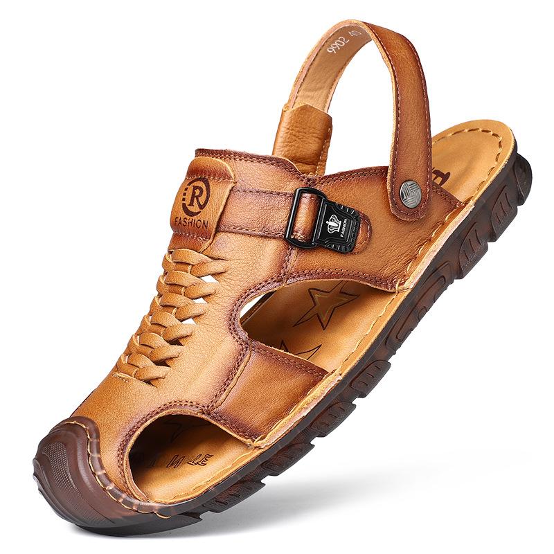 The First Layer of Cowhide Bag Head Sandals, Men's New Genuine Leather Summer Beach Shoes, Soft Soles, Beef Tendon Soles, and Father's Cool Slippers