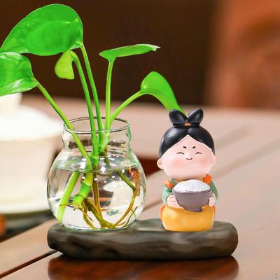 Creative Cute Tang Girl Hydroponics Flower Vase Water Planting Glass with Resin Stand Planter