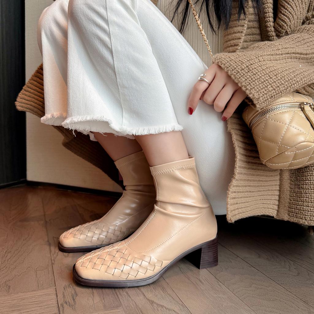 Fashion 2025 Fashion Women Shoes Genuine Leather Short Boots Square Toe Chunky Heel Winter Stretch Modern Women Boots Solid High Heels