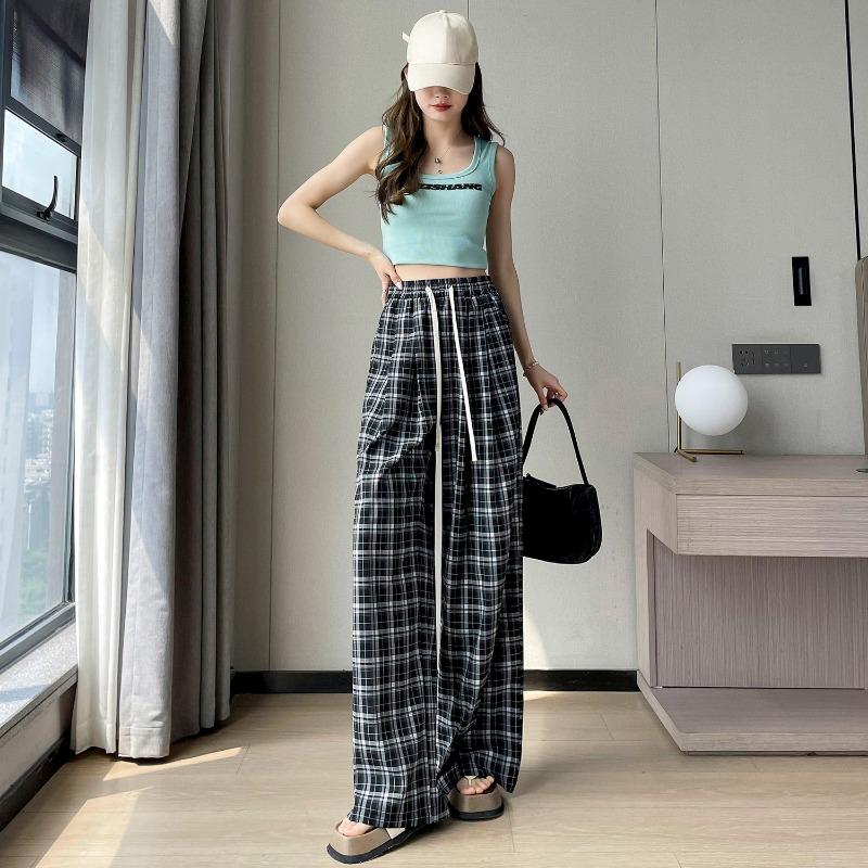 

Летние женские клетчатые широкие брюки в стиле конопли, удобные свободные прямые брюки с высокой талией длиной до пола XXL чёрный