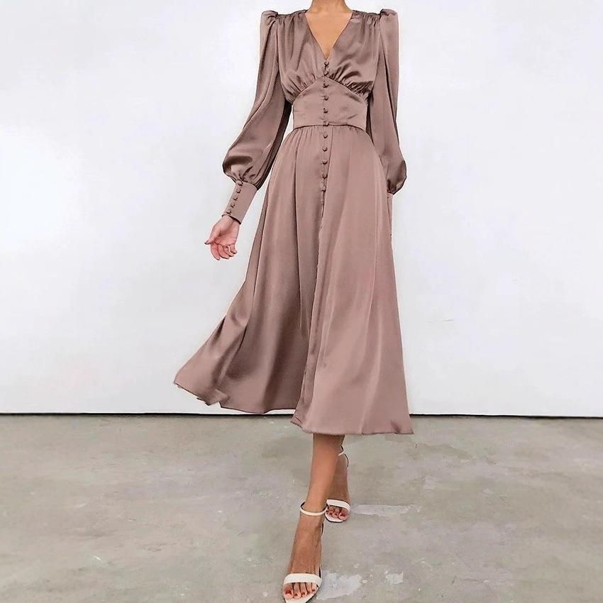 European and American Women's Clothing, Satin Dress, Lantern Sleeves, Waist and Thin European and American Temperament Slim Dress