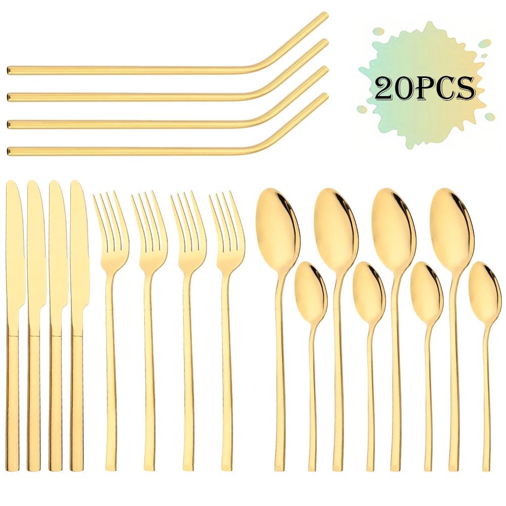 Set di stoviglie di lusso dorate da 20 pezzi Posate in acciaio inossidabile Coltello Forchetta Cucchiaio Cucchiaino Cannuccia in metallo Set di posate Posate da cucina