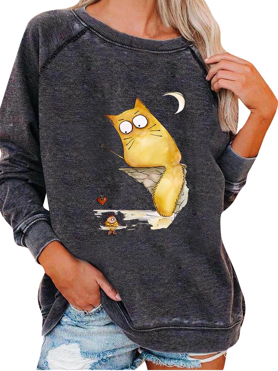 

Female Oversized Sweatshirt Spring/Fall Fashion Cat Print Top Women s Pullover Sweatshirt 3XL серый