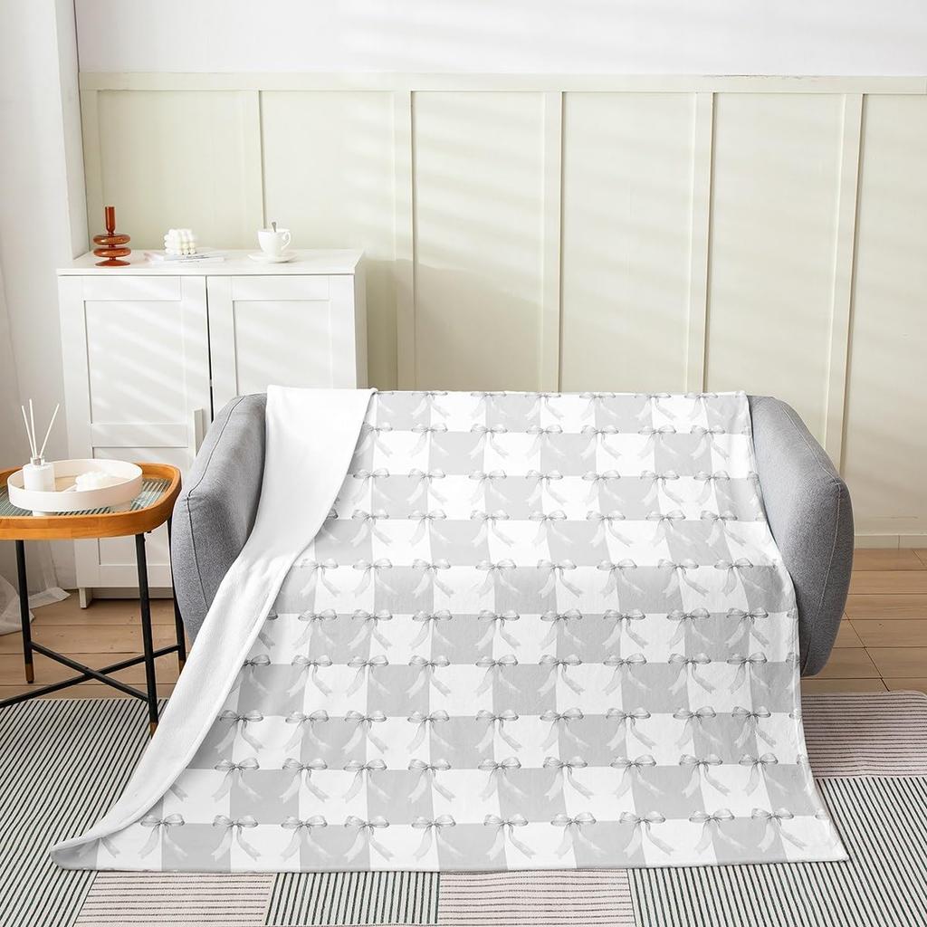Cute Bowknot Fleece Blanket Princess Style Blue Bow Watercolor Plush Throw for Home Decor Geometric Grid Minimalist Dreamy Sofa