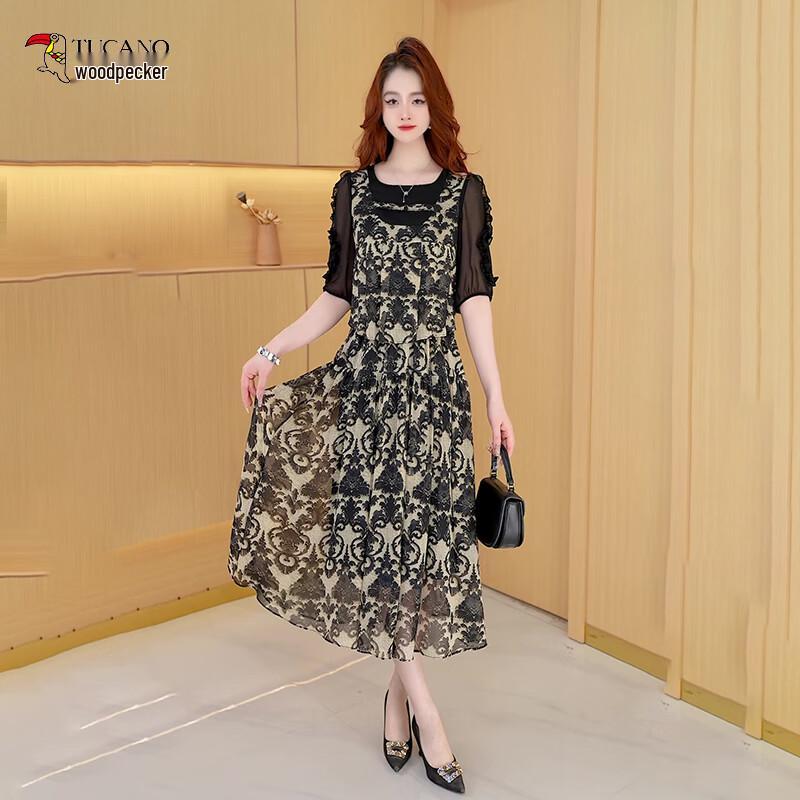 

Women s Summer Fake Two-Piece Short-Sleeve Dress 3XL