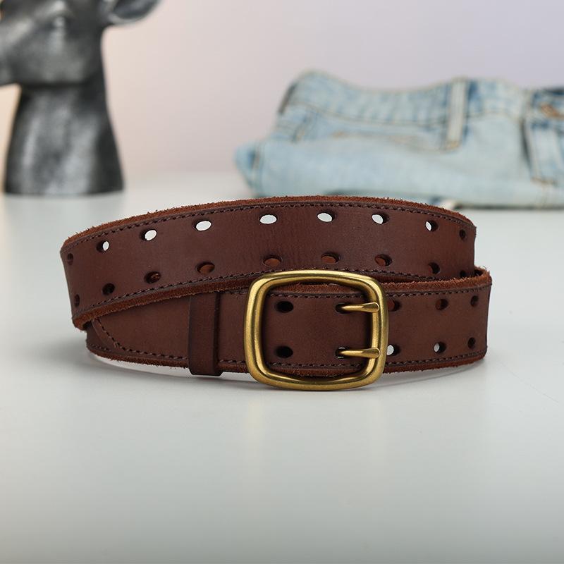 First Layer Cowhide Men'S Belt Double Row Hole Hollow Belt Casual Temperament Retro Leather Belt Factory