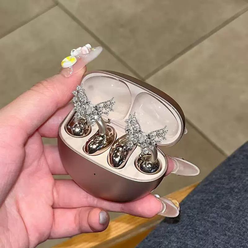 Butterfly Rhinestone Decor Detachable Bluetooth Headset Clip-on Earphone Exquisite Fashion Accessory for Ladies