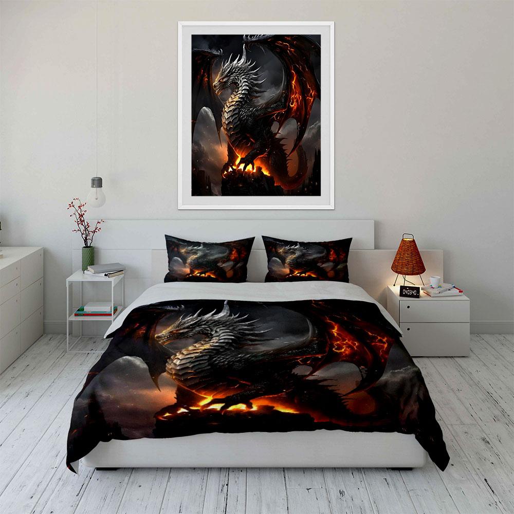 Silver dragon with flames. Bedding sets Duvet cover sets Duvet covers Pillowcases(1 * Duvet Cover 2 * Pillowcases without duvet insert)