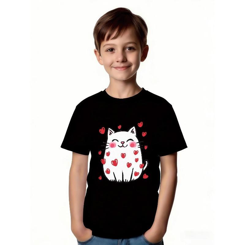 European sizes Cute Round White Kitten T-Shirt for Girls and Boys, Joyful Cartoon Design, Heart Hugging Pattern, Casual Crew Neck, Short Sleeve