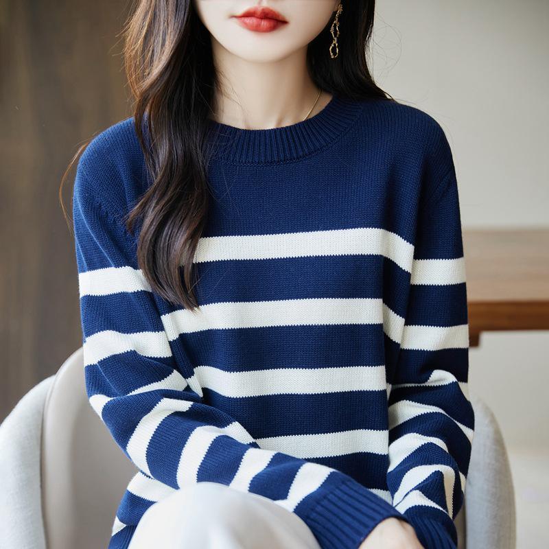 

Autumn/Winter 2025 Women s Round Neck Striped Sweater - 100% Thickened Cotton Yarn Knit XL темно-синий