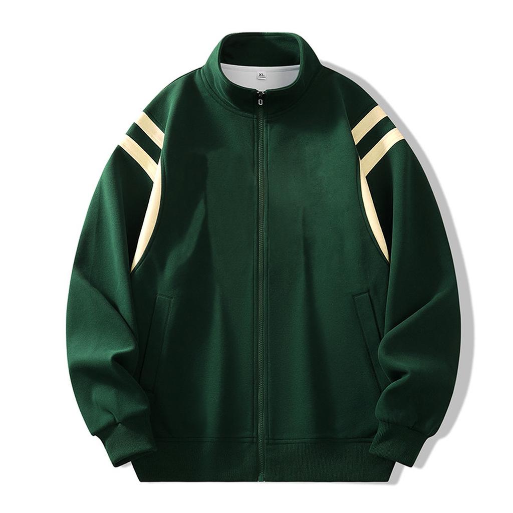 Men's New Casual Cardigan Hoodie Solid Color Striped Loose Jacket Stand Collar Zipper Top
