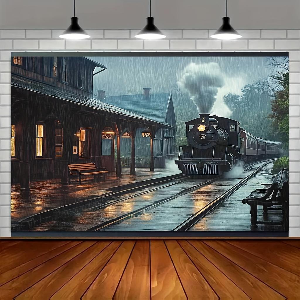 2D flat surface, 1-piece backdrop of a steam train arriving in the rain, suitable for festival photos and decoration