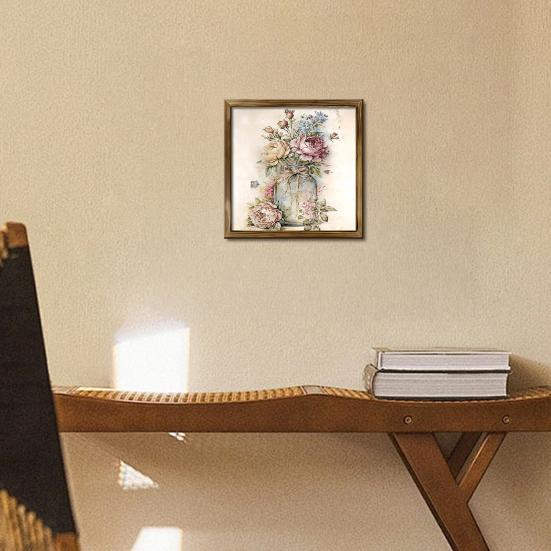 Dekoratives Gemälde mit Blumenvasenmotiv und Holzrahmen, Willkommens-Wandbild für das Badezimmer, Wandkunst-Dekoschild für Heimbüro Wohnzimmer