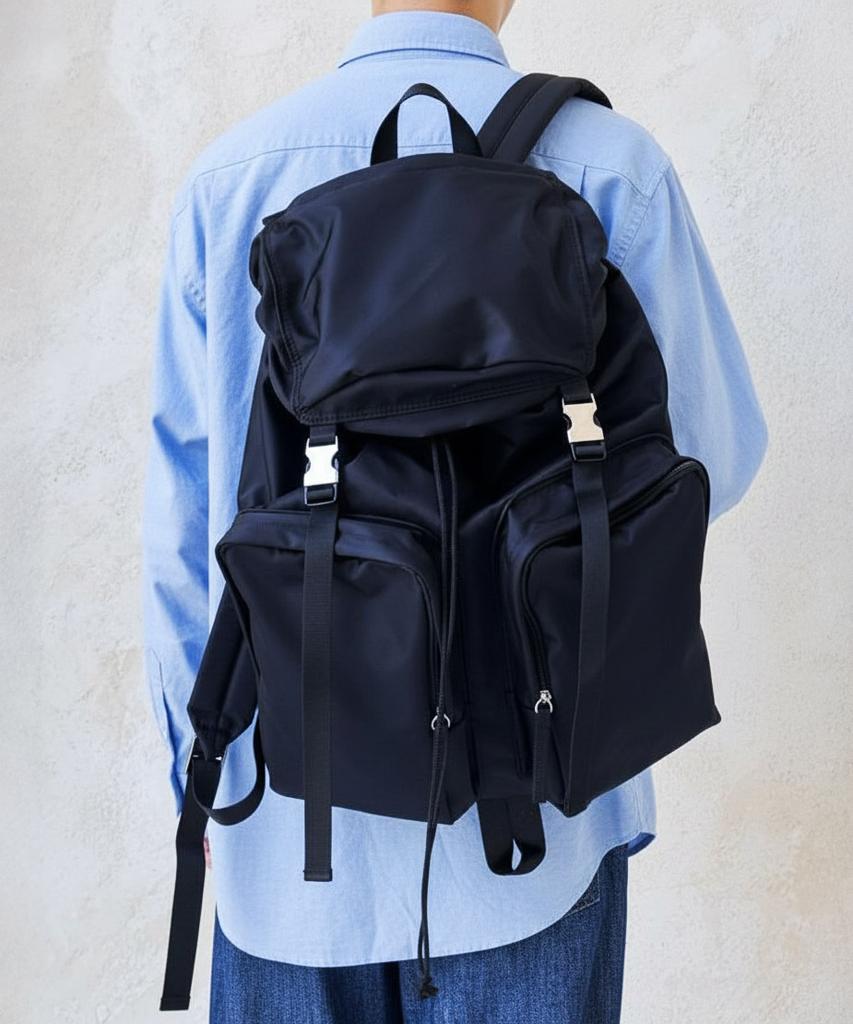 Bymoss Shiny 2-Pocket Nylon Backpack - Black