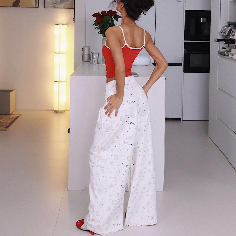 Akiyo Studio Western Style Gyaru Print Casual Straight Pants Women Design Casual Slimming Wide Leg Pants