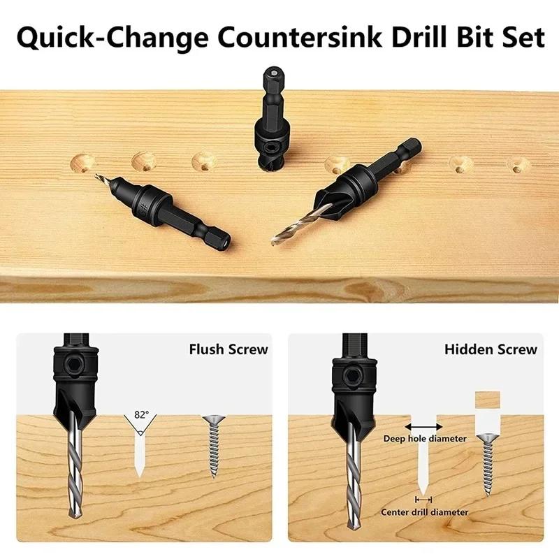 Woodworking Hole Opener Set, High-speed Steel Sinking Hole Drill, Taper Hole Drill, Hexagonal Screw Drilling Hardware Tool