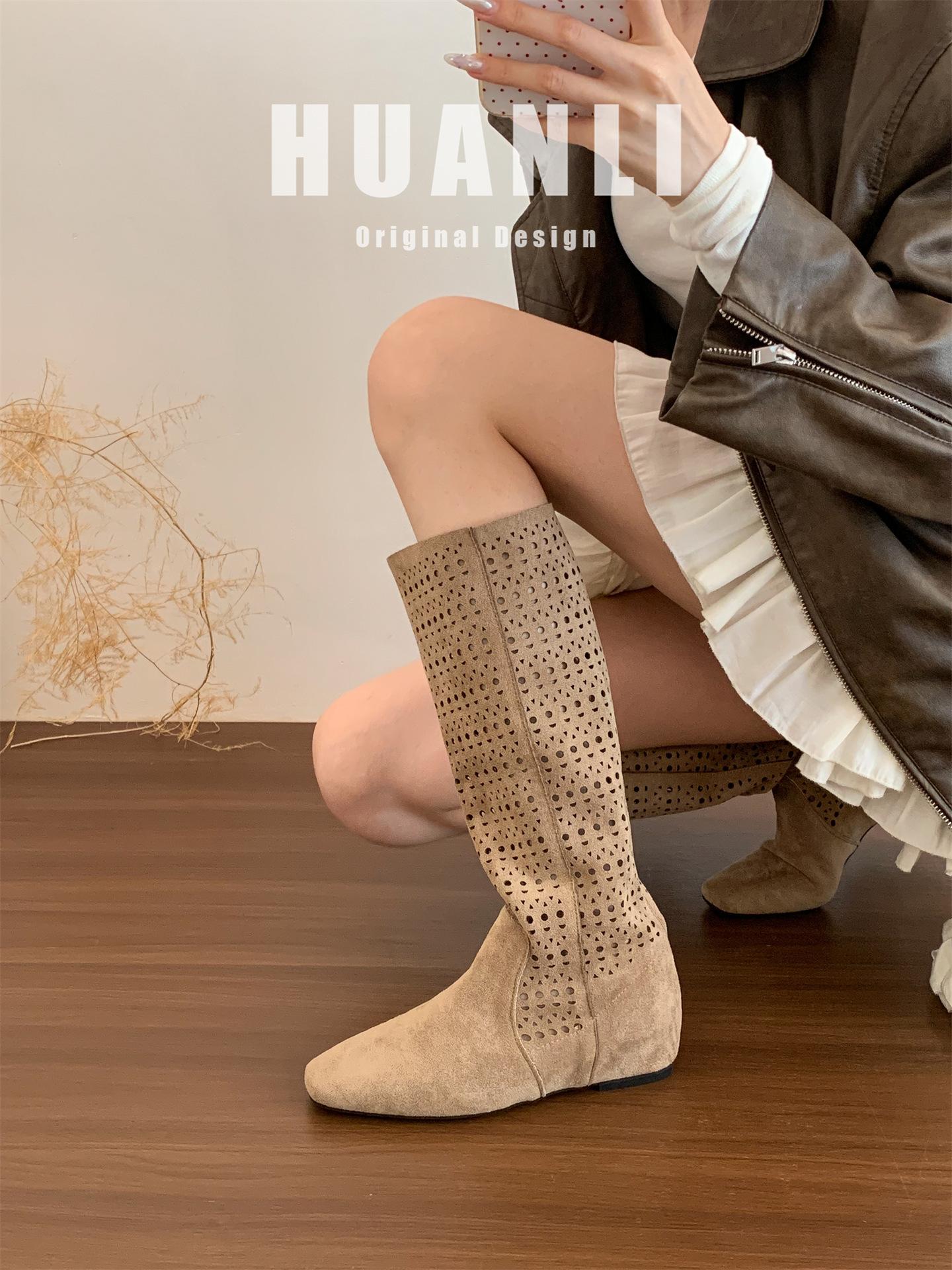 

Hollow retro inner heightening boots women s boots 2025 autumn and winter new khaki suede but knee high boots 39 хаки