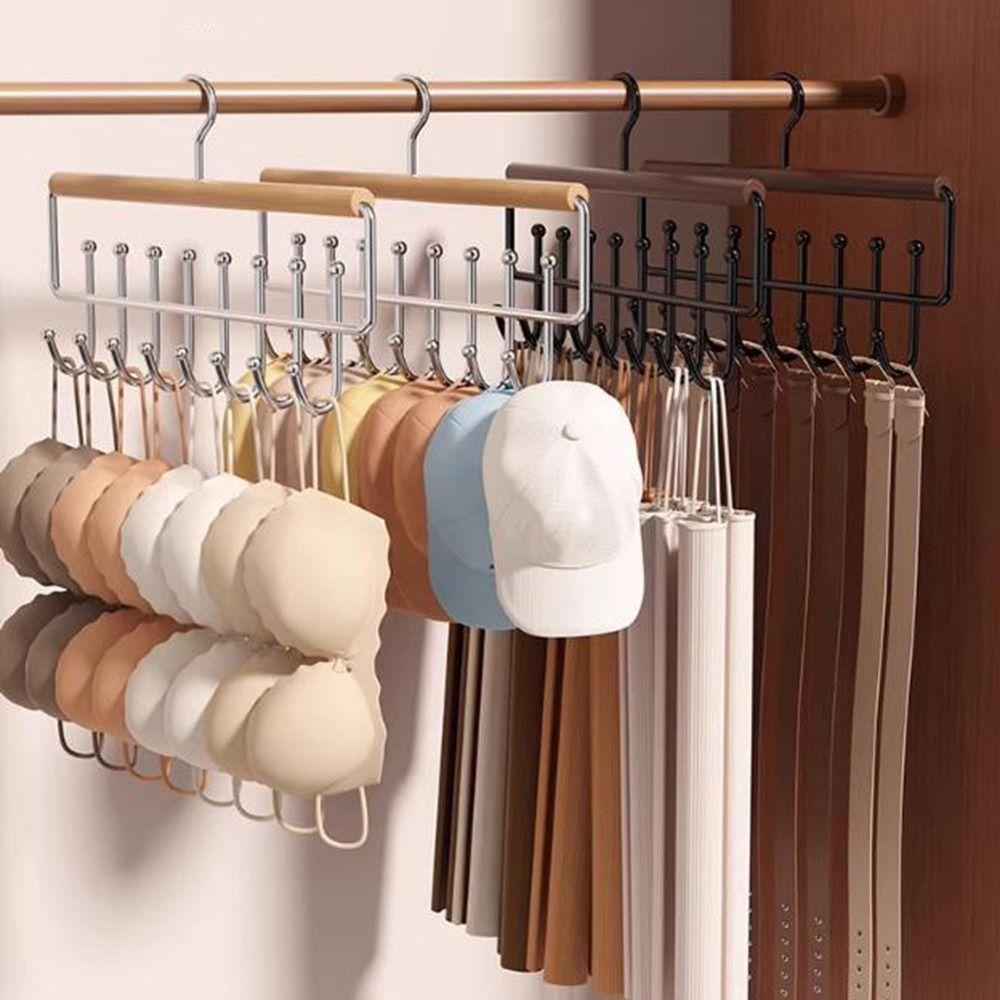 2 Pieces 16 Hook Wooden Clothes Drying Rack Anti-slip Large Capacity Underwear Vest Storage Rack Space Saving Rotatable