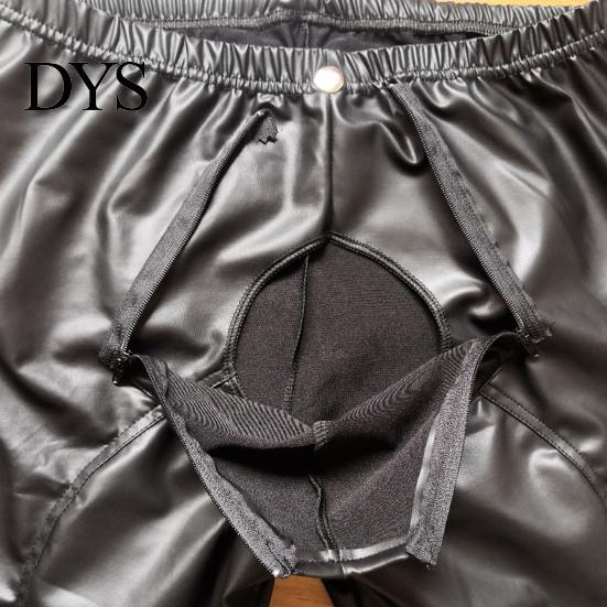 Trousers Mid-rise Elastic Waistband U Convex Zipper Open Crotch Men Pencil Pants Sexy Skinny Faux Leather Stage Performance