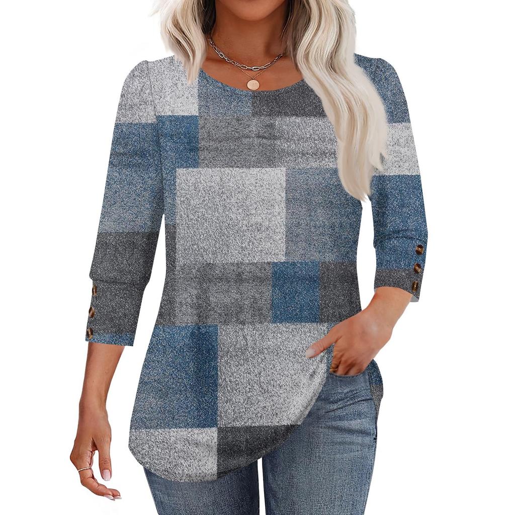 Women's Fashion Casual Color Block Stitched Print Round Neck Seven-sleeve T-shirt Top