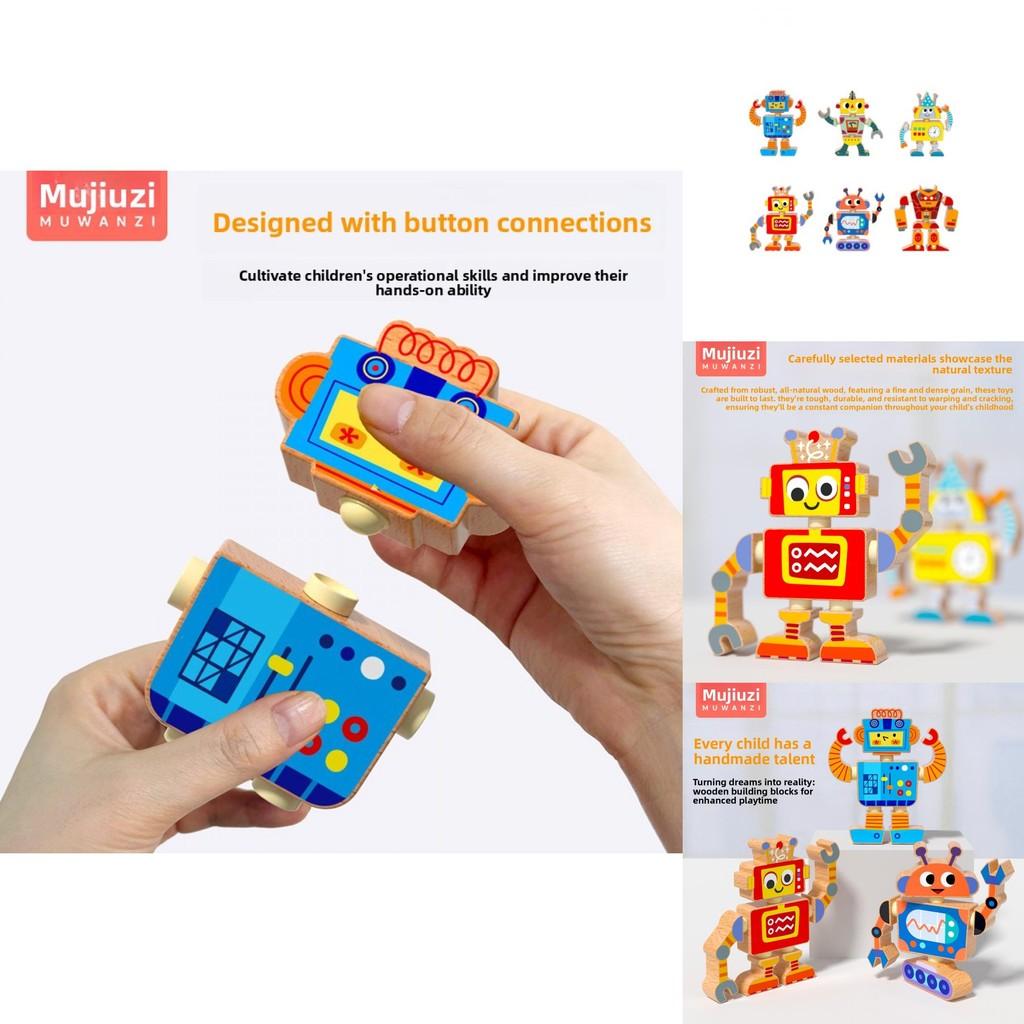 6 Piece Wooden Cartoon Robot Assembly Building Block Children Puzzle Toy Set For Brain Development