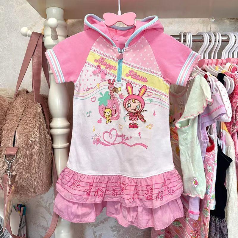 

Japanese-Style Mezzopiano Cute Girl s Clothing Replica Summer Piano Rabbit Hooded Short-Sleeve T-Shirt Dress with Print A-Line Performance Bunny Dress S