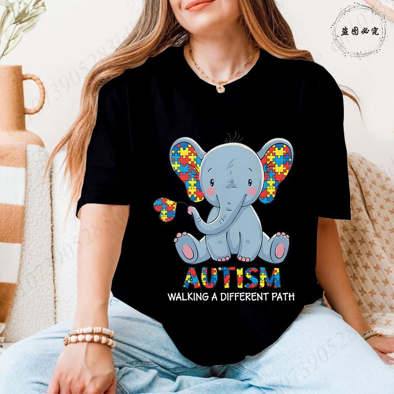 Unisex's Autism Awareness T-shirts: Cute Elephant Puzzle Graphic Tops Walking A Different Path Short Sleeve Autism Support Tees