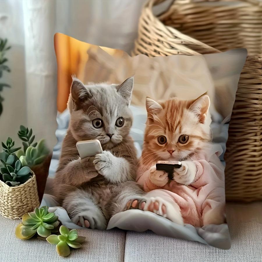1pc Adorable Cat Print Pillowcase - 17, 7x17, 7 Inch, Cozy French Style, Machine Washable, Zippered Closure, 100% Polyester,Single-Sided Digital Print