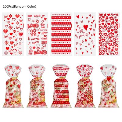100 PCS Valentine's Day Heart Cellophane Bags With Twist Ties Holiday Favor Treat for Chocolate Bags Cookie Bags Gift