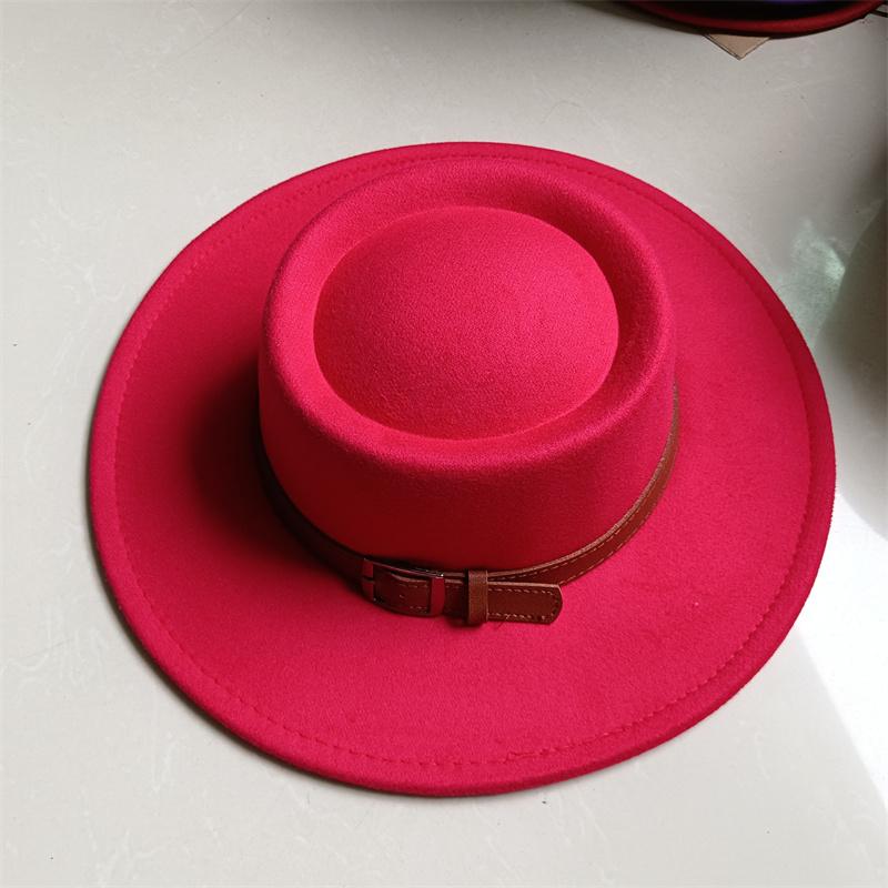 2026 Fedora Hat Winter Round Convex Flat Top Belt Accessories Rose Red Felt Jazz Hat for Men and Women Fedora Gorras