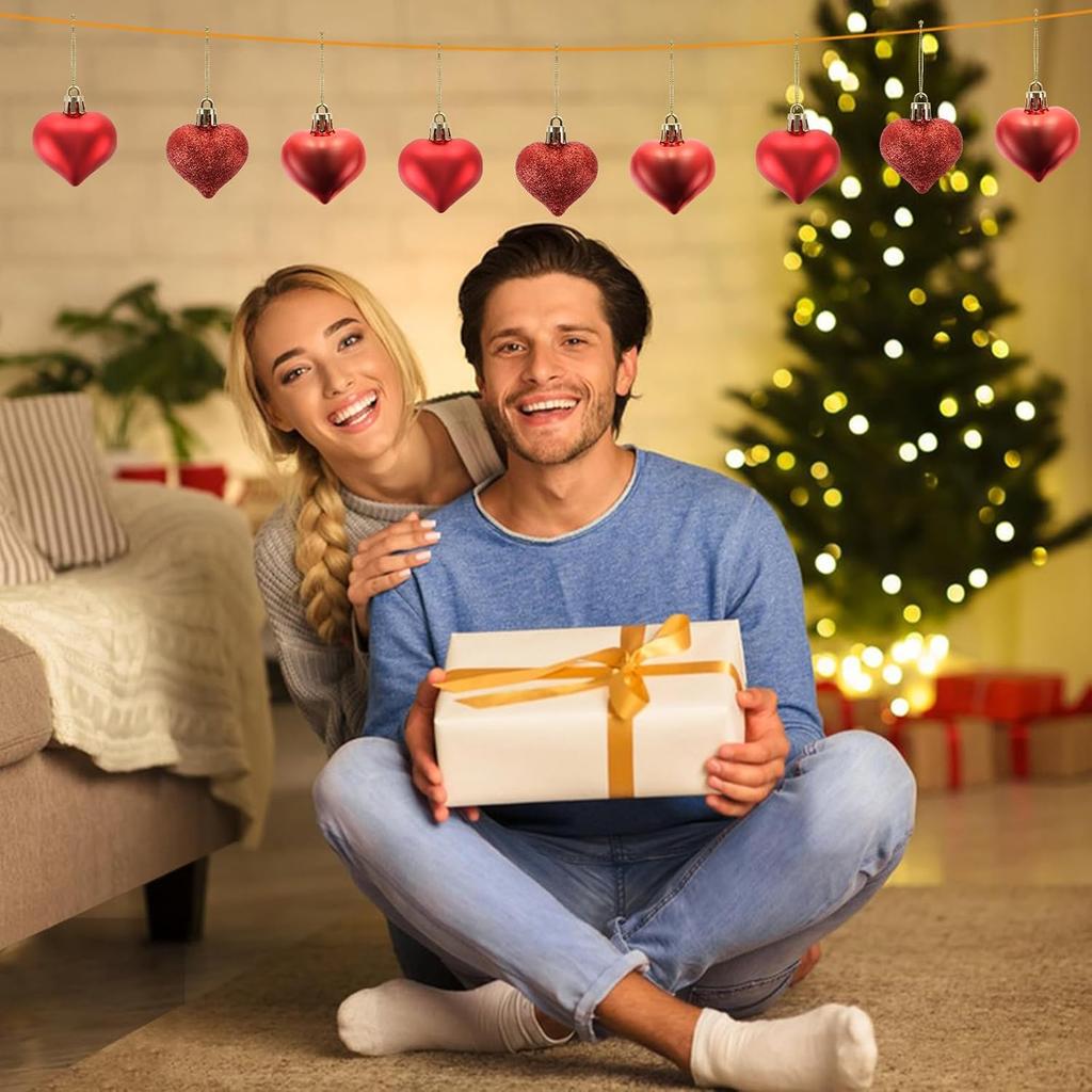 12 Pcs Valentines Heart Shaped Ornaments Heart Tree Ornaments Hanging Hearts Baubles for Valentine's Wedding Anniversary Hanging Decorations (Red)