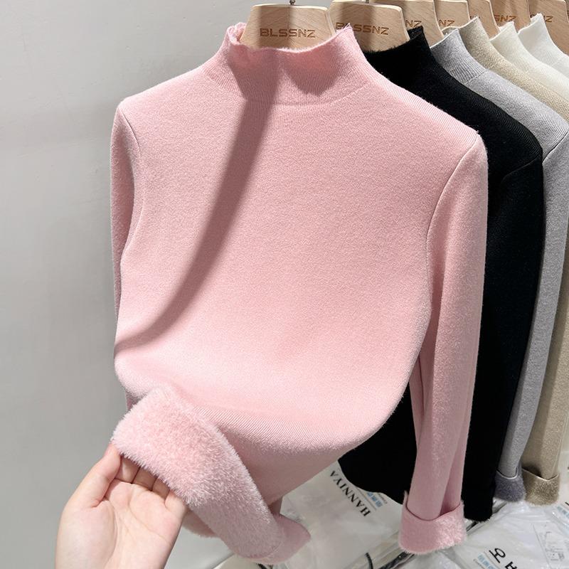 

Осенний облегающий теплый вязаный свитер с высоким воротником для женщин, модный зимний толстый бархатный пуловер, свитера для женщин, повседневный плюшевый трикотаж 24886 One Size розовый