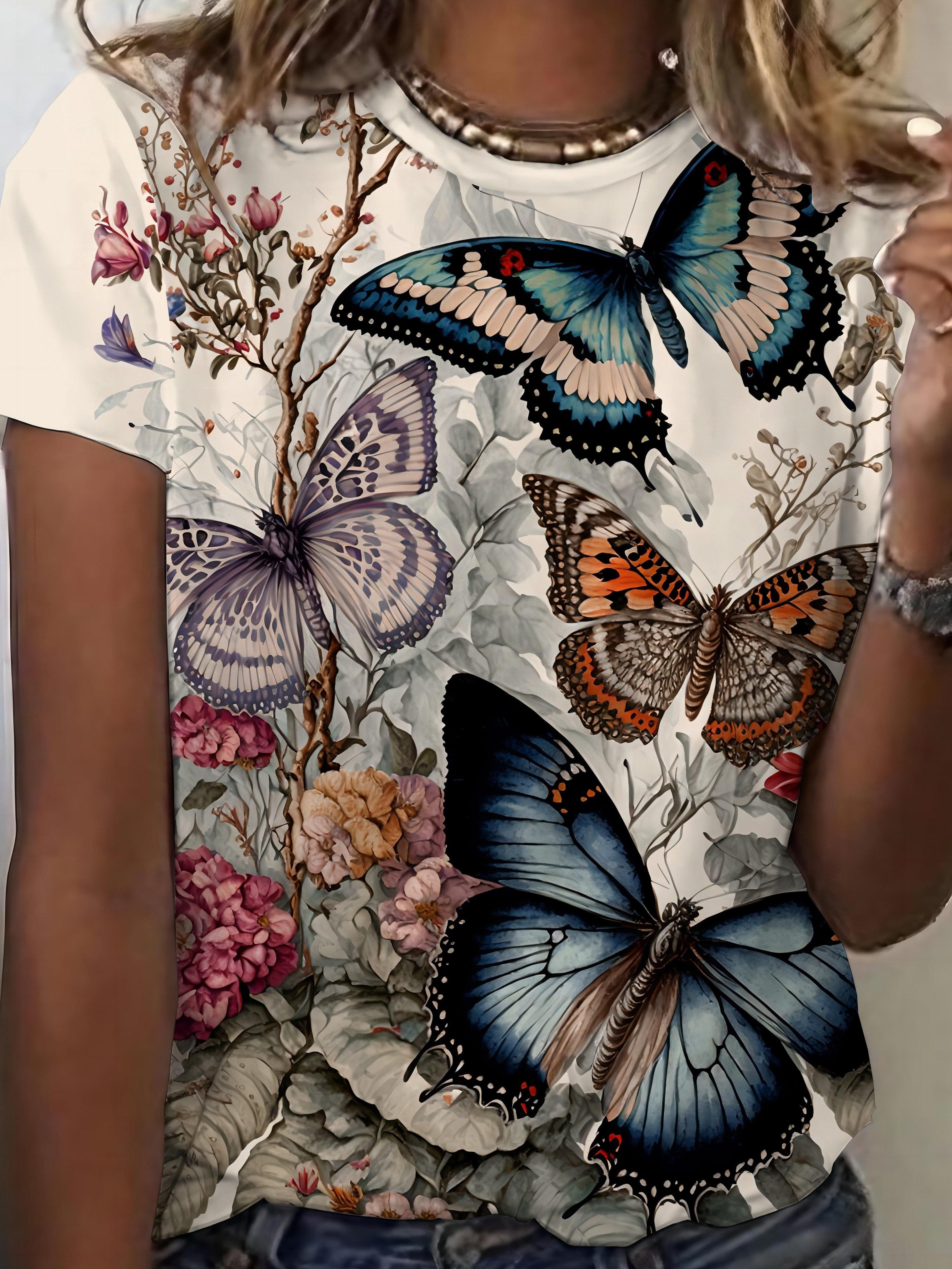 

Women s Casual Butterfly Print T-shirt. 3D Printed Short Sleeve Top. Fashionable Crew Neck Tee for Daily Wear XS дубильная кора
