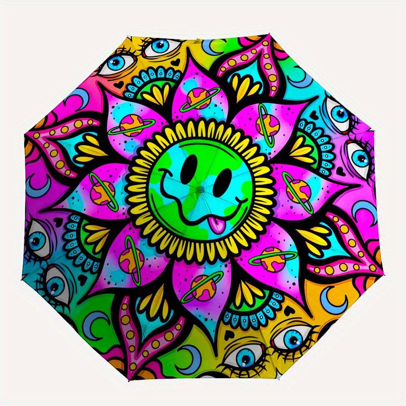 Psychedelic Mandala Automatic Folding Umbrella  Simple Eight Rib Design, Bright Color Pattern, Durable Iron Frame, Ideal for Travel and Outd