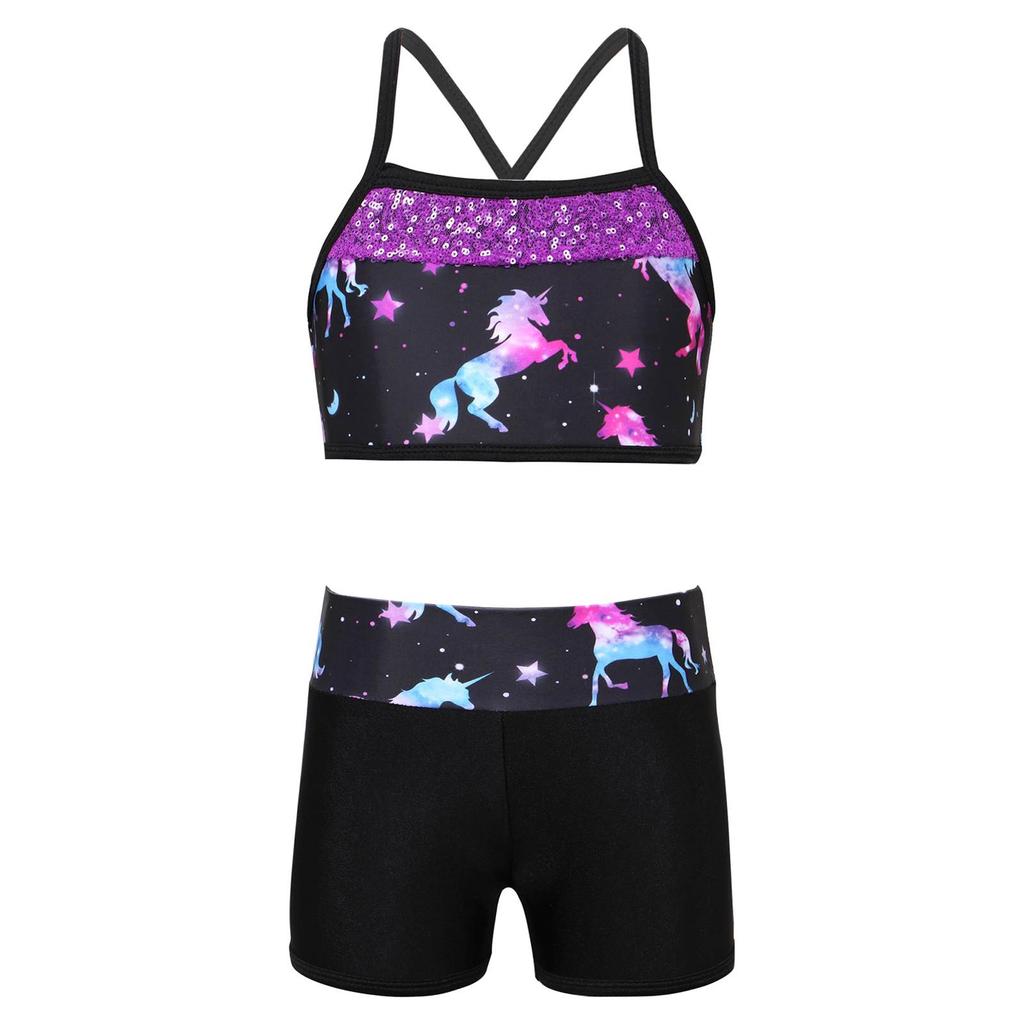 Kids Girls Sequins Mermaid Tank Top with Shorts Dance Outfit Gymnastics Dancing Costume Swimwear