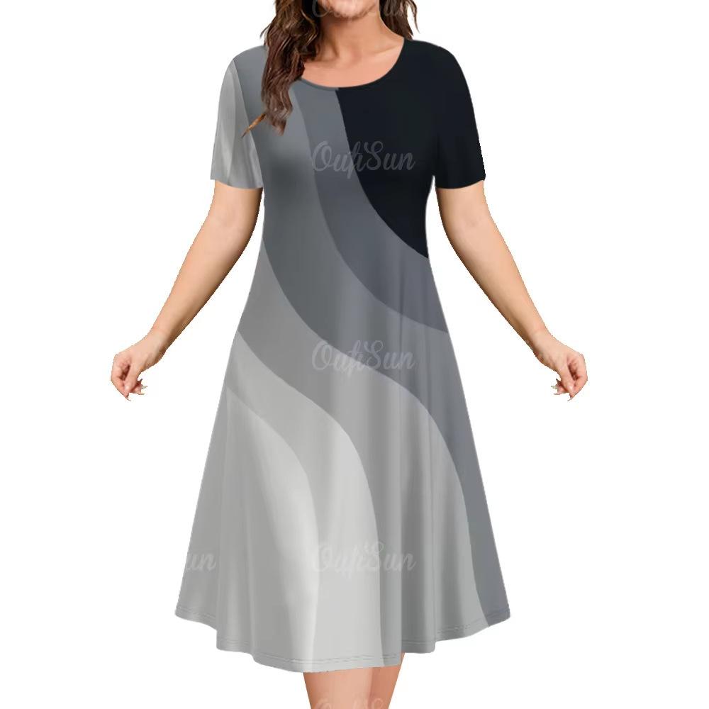 Elegant Women Short Sleeve Fashion 3d Print Midi Dress Plus Size Beach Clothing