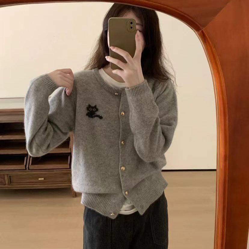 Grey Round Neck Wool Cardigan Jacket for WomenLoose Kitten Knitted Sweater Short Style