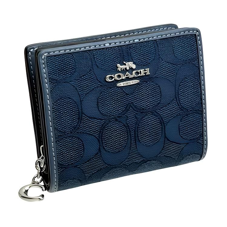 Coach Snap Wallet 11 Monogram Logo Button Closure Signature Jacquard Leather Fabric Wallet Women wallet Silver Dark-Denim CU401-SVPM1