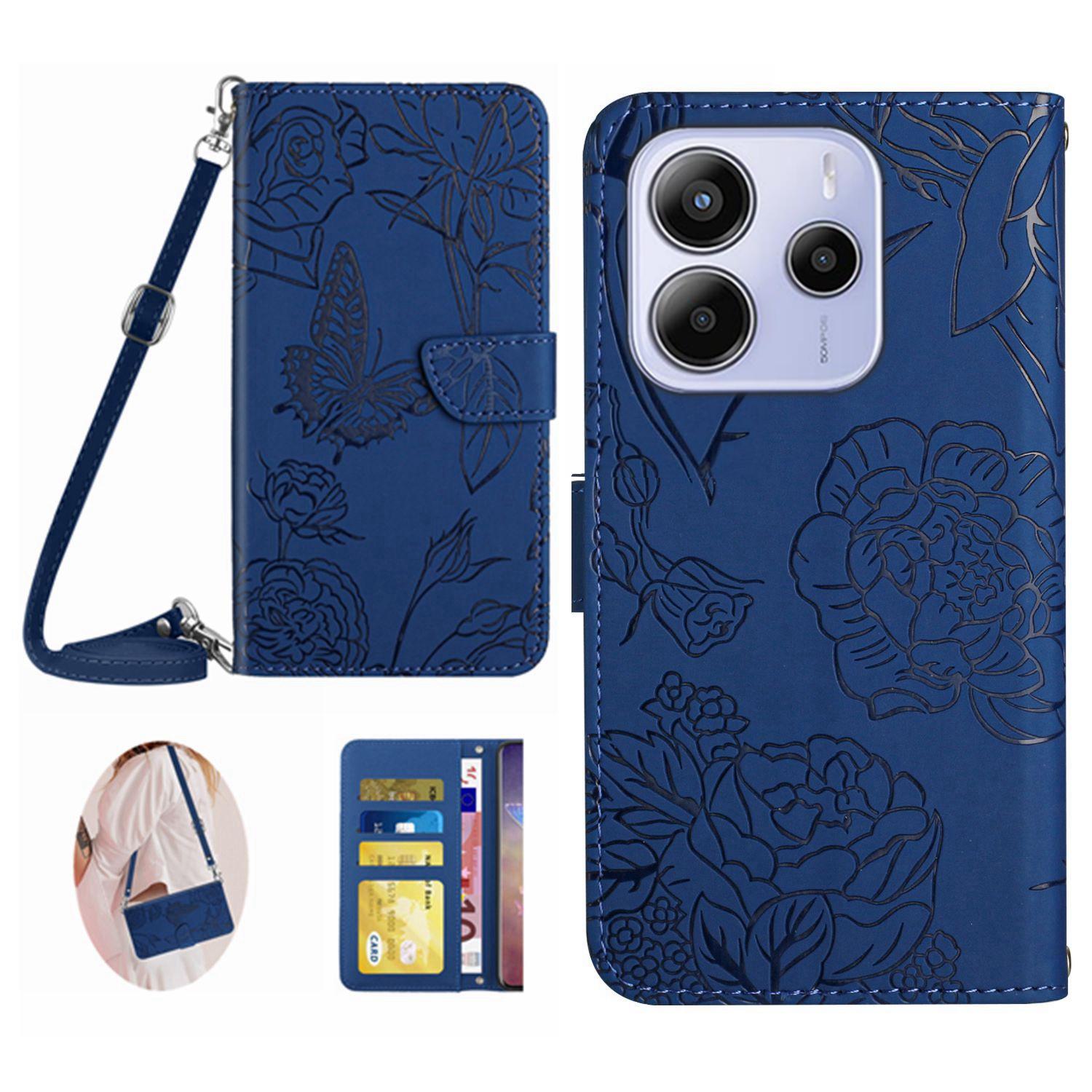 

For Xiaomi Redmi Note 14 4G (163.25mm) Case Butterfly Flower Imprint Leather Phone Cover with Shoulder Strap D