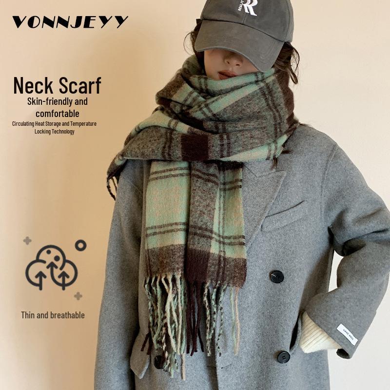 2025 Retro Korean Style Women's Warm Plaid Scarf & Shawl in Brown