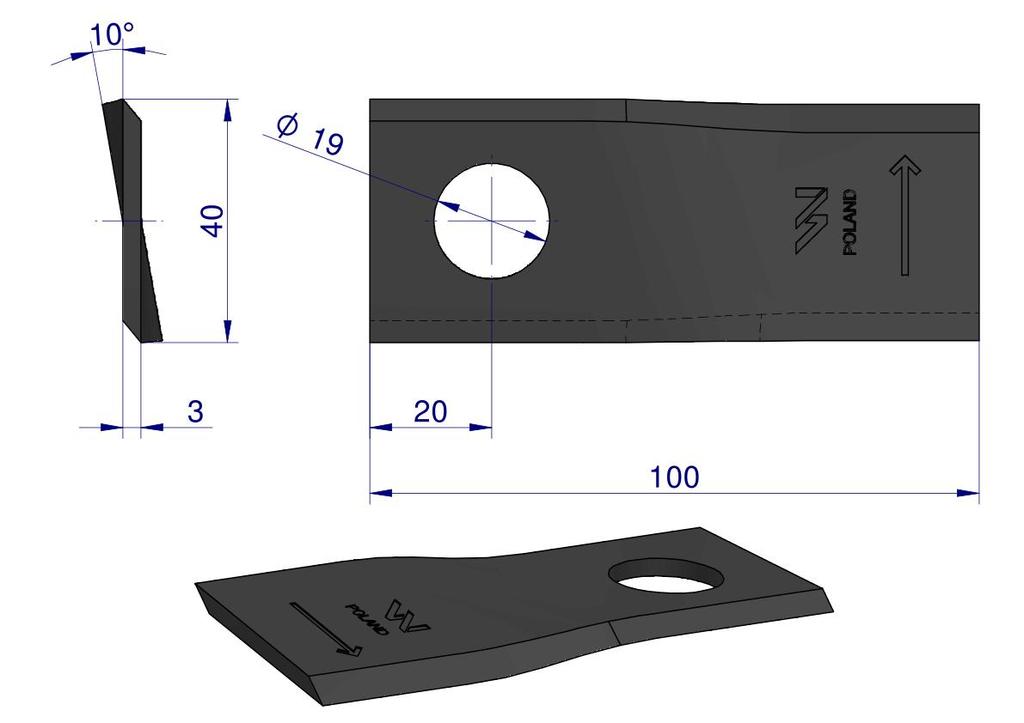 Left mower blade 100X40X3mm hole 19 for RS 100/3 Sipma WARYŃSKI (sold in 25 pieces)