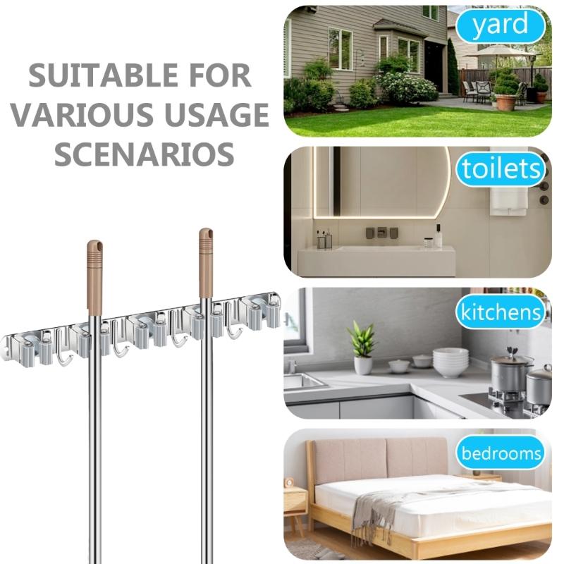 Wall Mounted Rack Space Saving Brooms Organizer Storage Solution for Bathroom