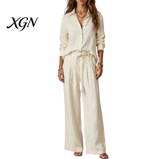 French Style Clothing Women Loose Casual Shirt Pants Set, Button Down Collar & Wide Summer Lounge Sets Leg Pants, Solid Color Matching Two Piece