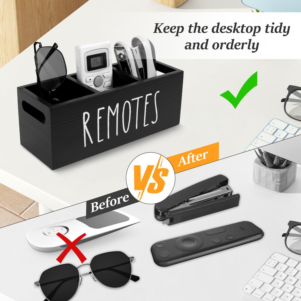 TV Remote Control Holder with 3 Compartment for Living Room Wooden Controller Organizer Smooth Bedside Table Organizer for Home