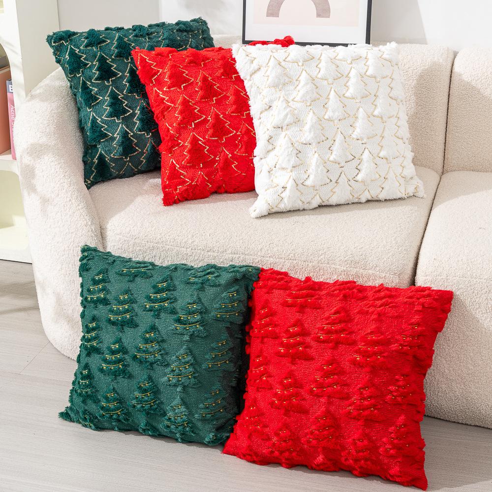 Christmas Tree Fleece Cushion Cover with Star Embroidery - Holiday Sofa Decoration Pillow Cover
