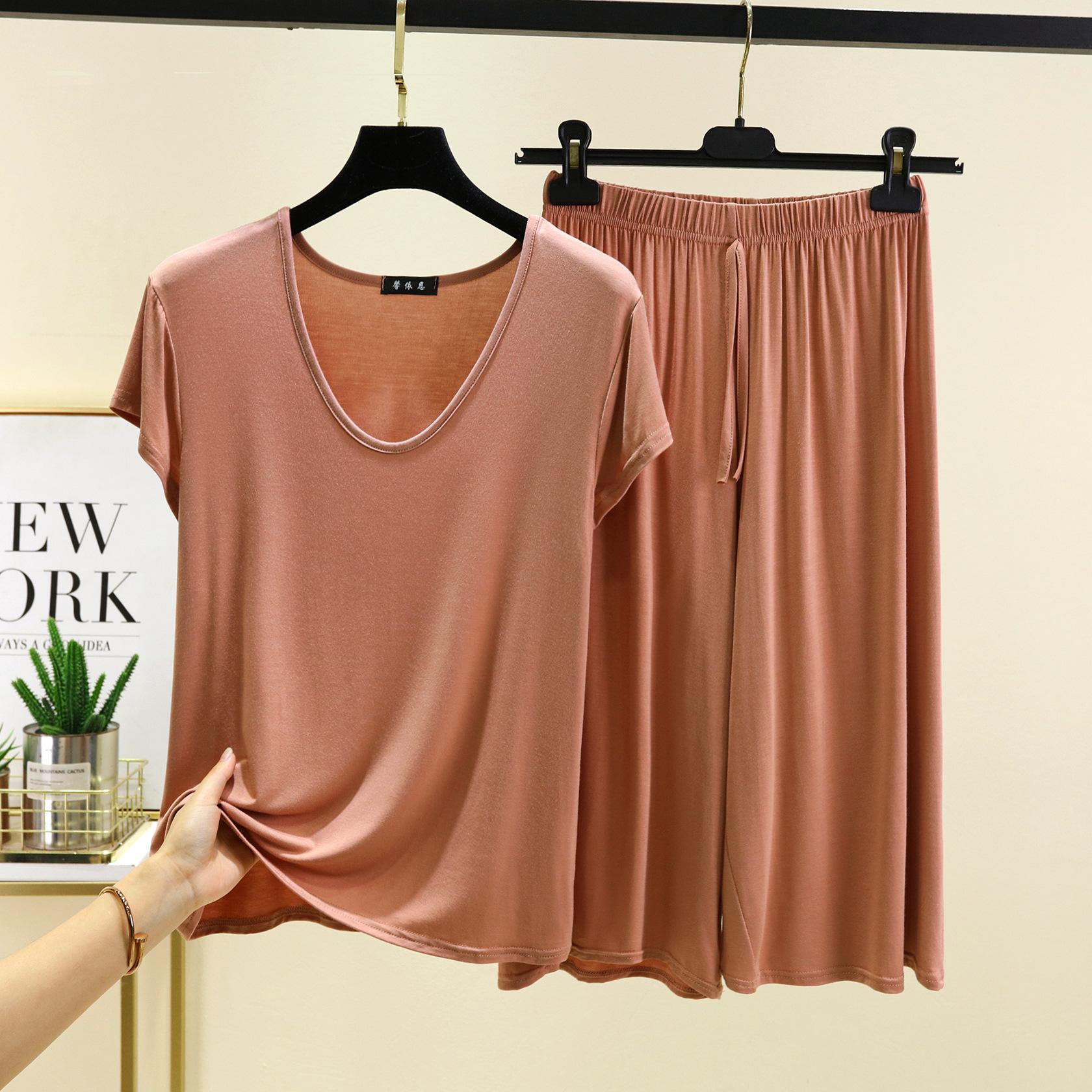 

M-6XL Plus size Modal Homewear комплект из 2 предметов: футболка с коротким рукавом и брюки длиной до икры, однотонные свободные пижамные комплекты, женская одежда для сна 6XL хаки