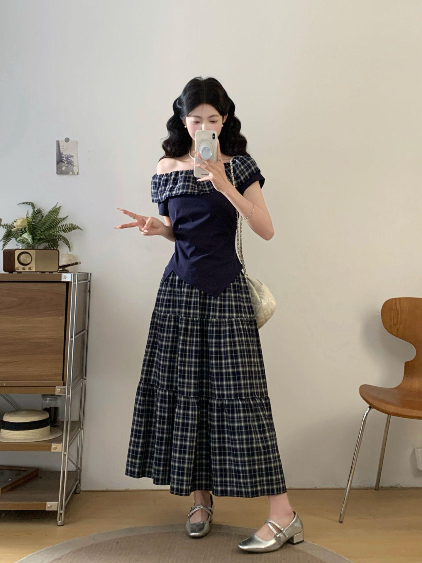 

Plus Size French One-Shoulder Top & High-Waisted Skirt Two-Piece Set for Women XL