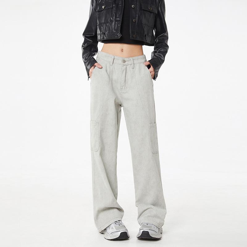 Autumn New Style of Work Jeans for Men's Multi-pocket American High Street Water Washing Casual Wide-leg Trousers