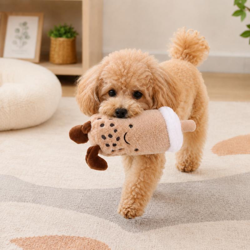 Peluche Giocattolo per Animali Domestici Forma Tazza Tè al Latte Morbido Peluche Corto Cane e Gatto Giocattolo da Masticare Compagno Imbottito Resistente al Morso Gioco Indoor Accessorio per Animali Domestici